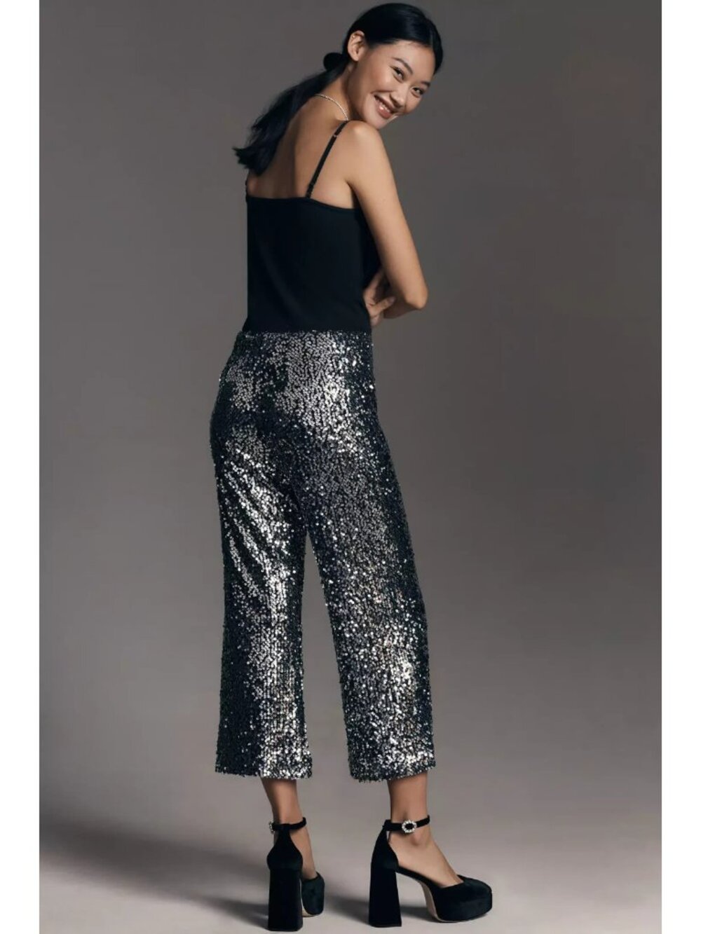 NWT Maeve by Anthropologie Colette in Black Silver Sequin Wide-Leg Crop Pants 28 - Picture 3 of 13